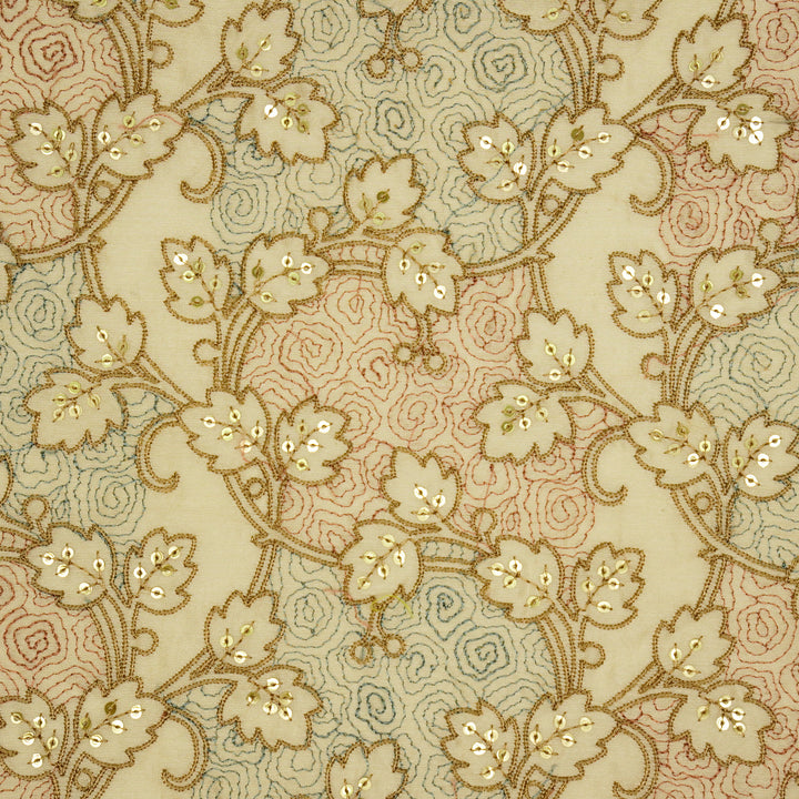 Kashida Jaal on Cream Luxe Silk Chanderi Embroidered Fabric