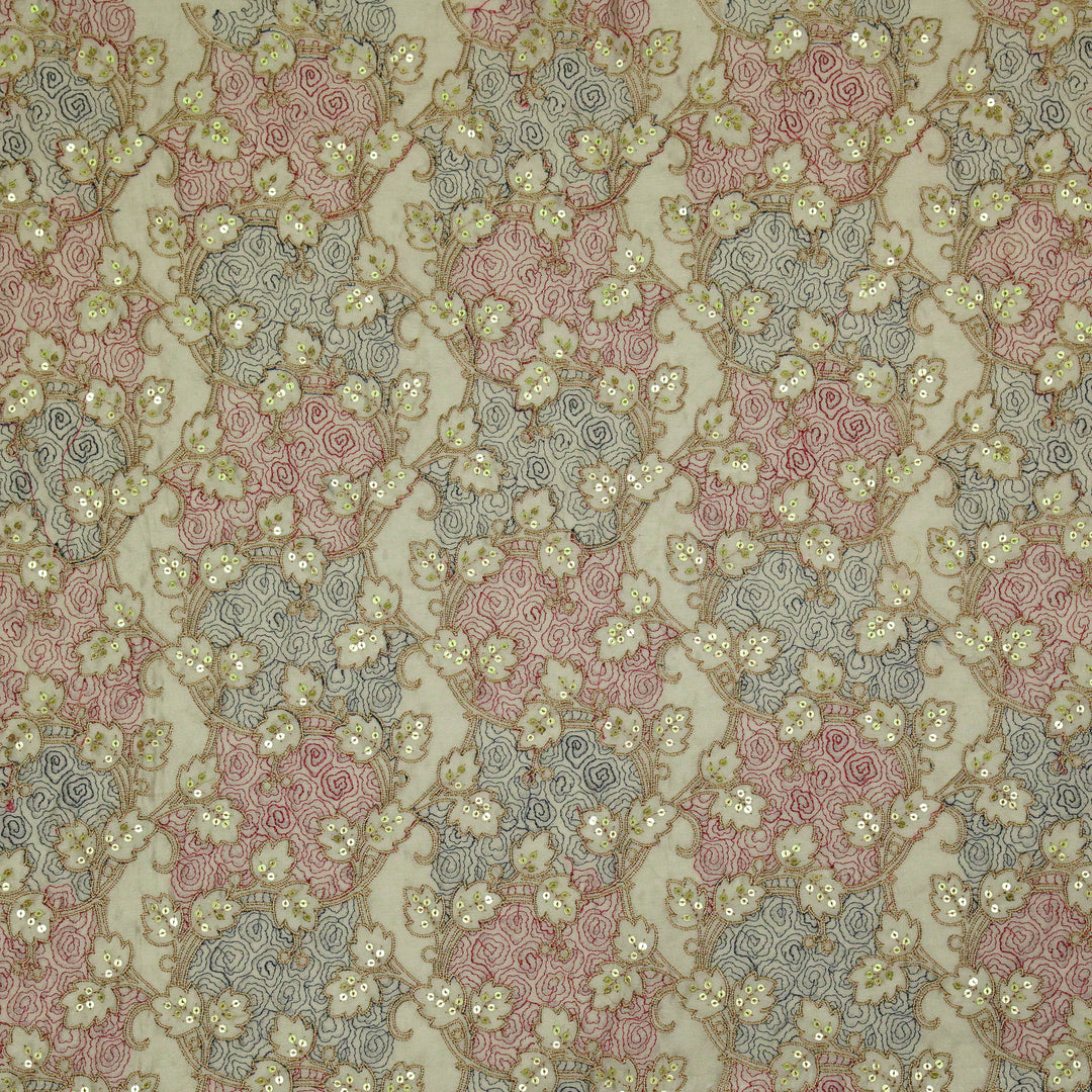 Kashida Jaal on Grey Luxe Silk Chanderi Embroidered Fabric