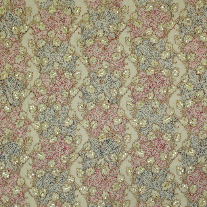 Kashida Jaal on Grey Luxe Silk Chanderi Embroidered Fabric