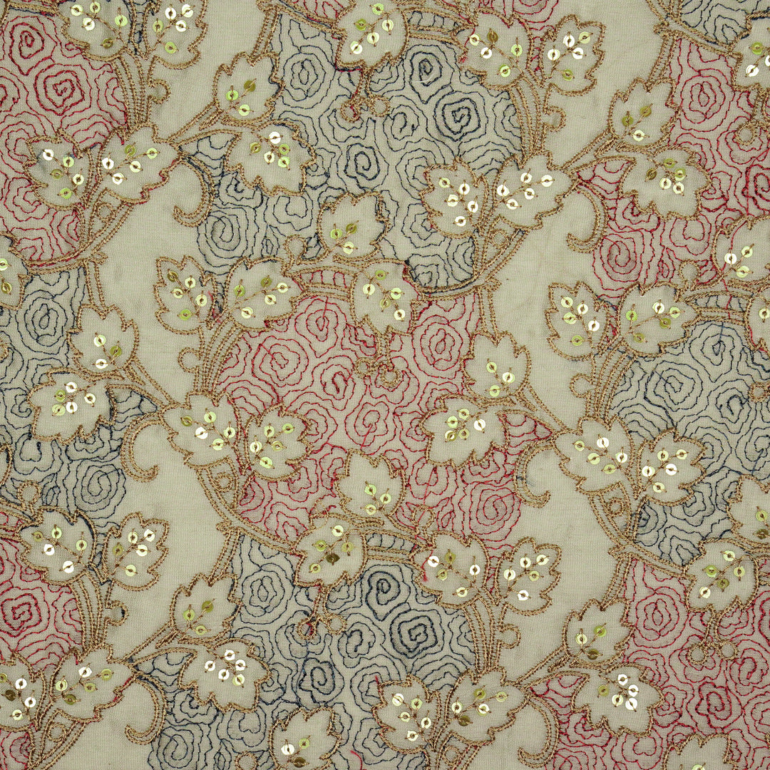 Kashida Jaal on Grey Luxe Silk Chanderi Embroidered Fabric