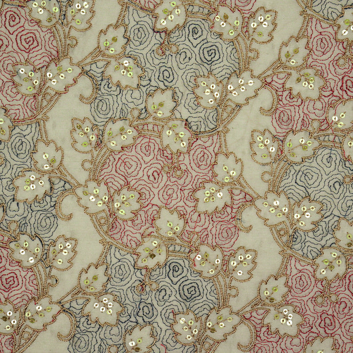 Kashida Jaal on Grey Luxe Silk Chanderi Embroidered Fabric