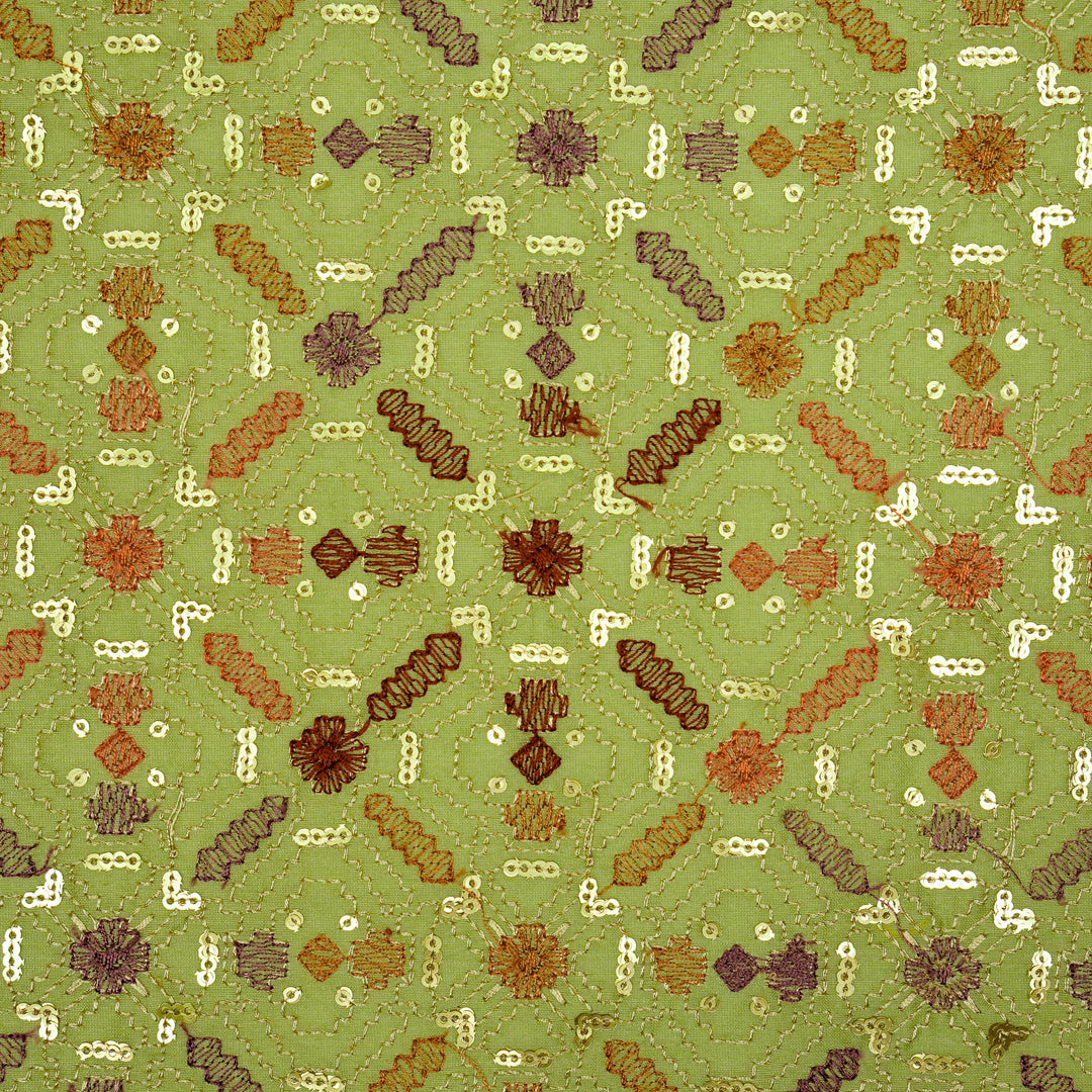 Chitrangi Jaal on Olive Green Luxe Silk Chanderi Embroidered Fabric