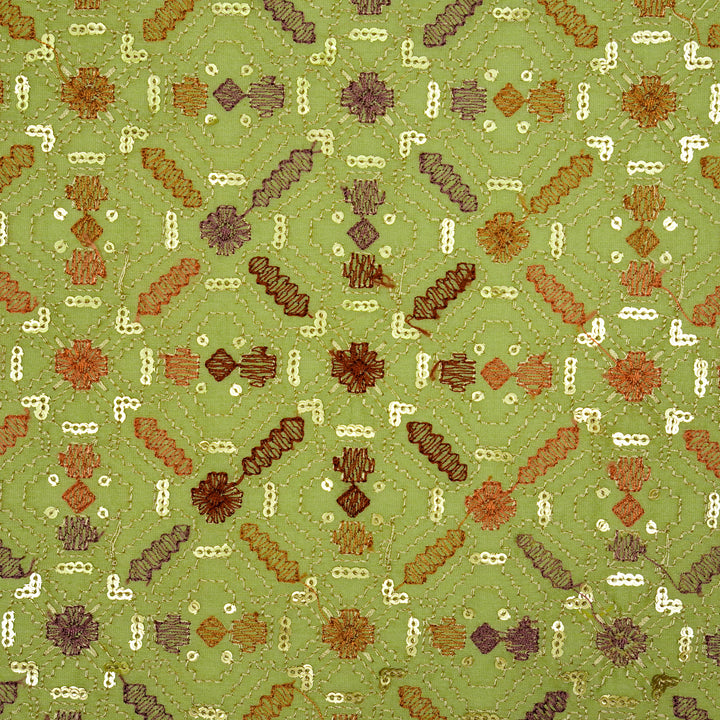 Chitrangi Jaal on Olive Green Luxe Silk Chanderi Embroidered Fabric
