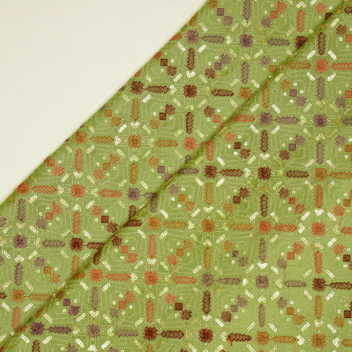 Chitrangi Jaal on Olive Green Luxe Silk Chanderi Embroidered Fabric