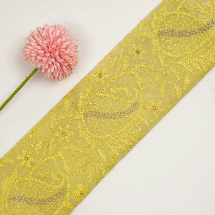 Vihana Jaal on Yellow Malmal Embroidered Fabric