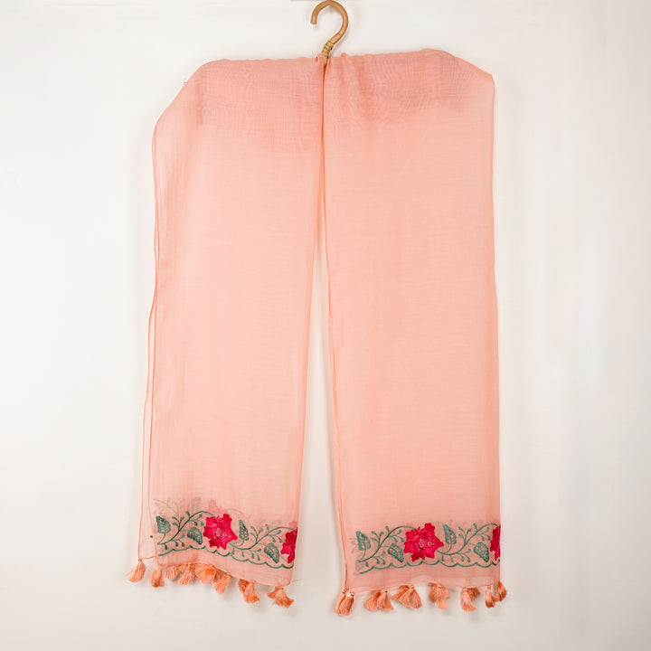 Mia Embroidered Stole on Light Peach Cotton Silk - Zarinama