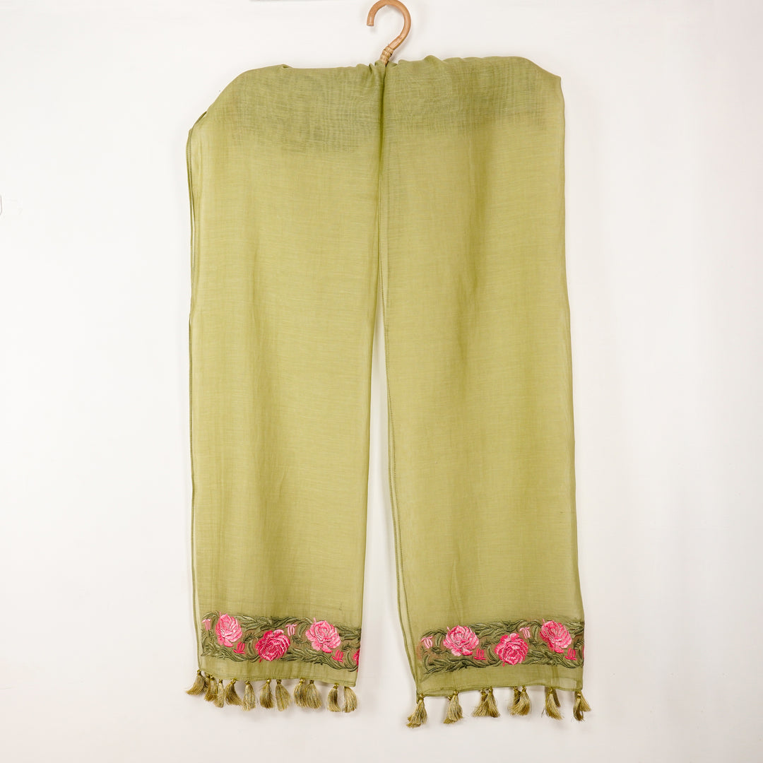 Roseline Embroidered Stole on Pista Green Cotton Silk - Zarinama