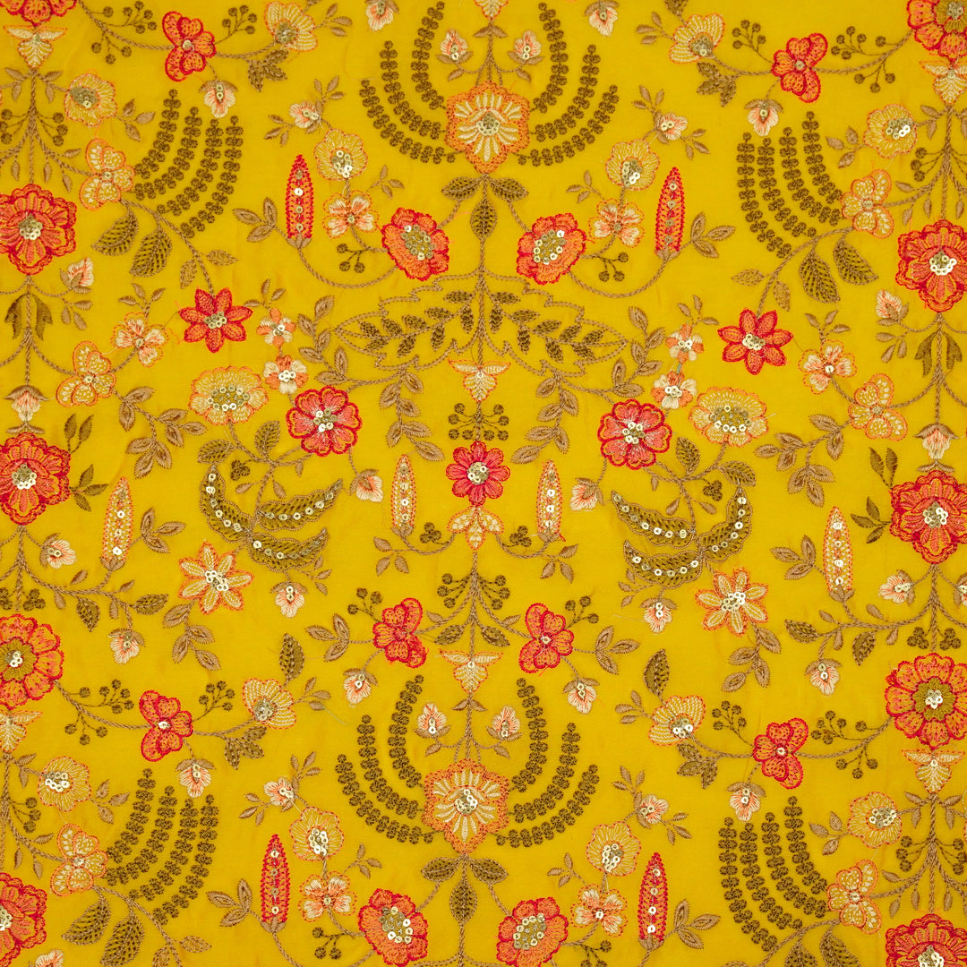 Saharish Jaal on Gold Luxe Silk Chanderi Embroidered Fabric