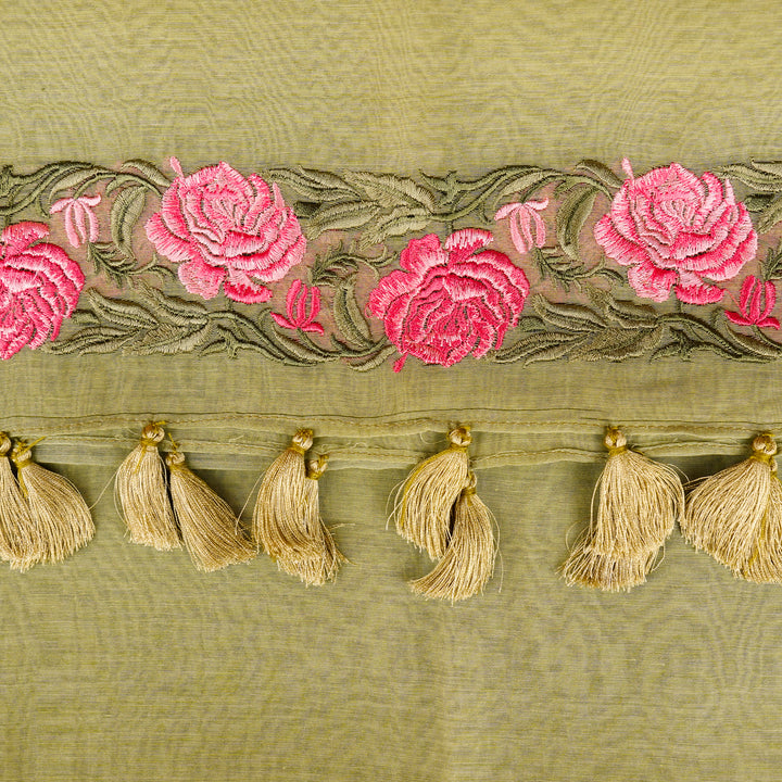 Roseline Embroidered Stole on Pista Green Cotton Silk - Zarinama