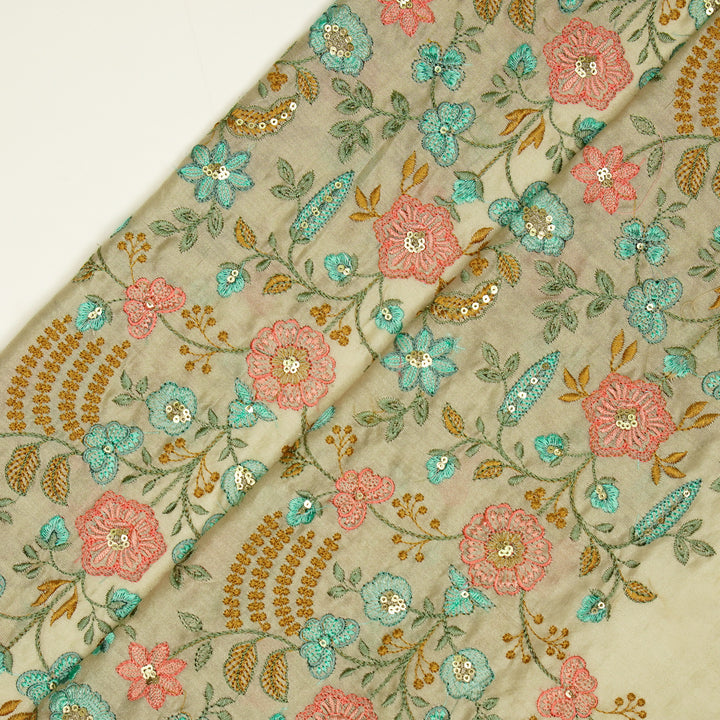 Saharish Jaal on Ecru Luxe Silk Chanderi Embroidered Fabric