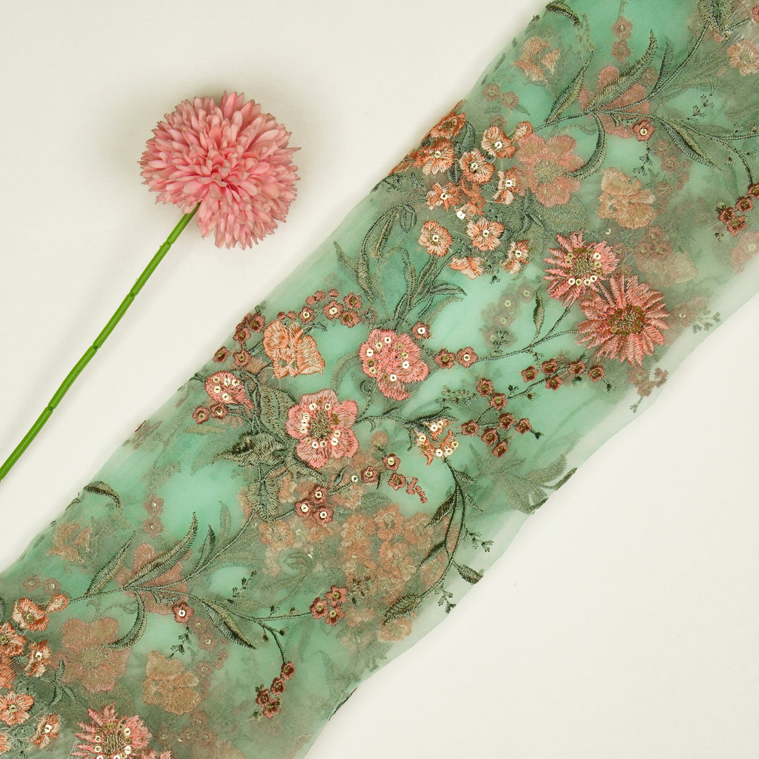 Riyad Jaal on Light Aqua Silk Organza Embroidered Fabric
