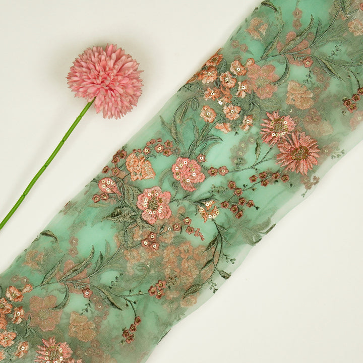 Riyad Jaal on Light Aqua Silk Organza Embroidered Fabric