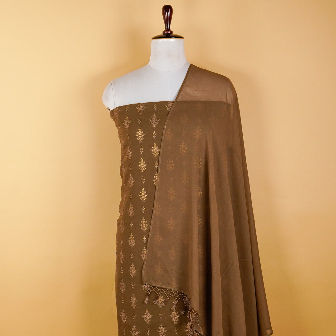 Saleha Buta Buti Suit fabric set on Georgette (Unstitched)-Olive