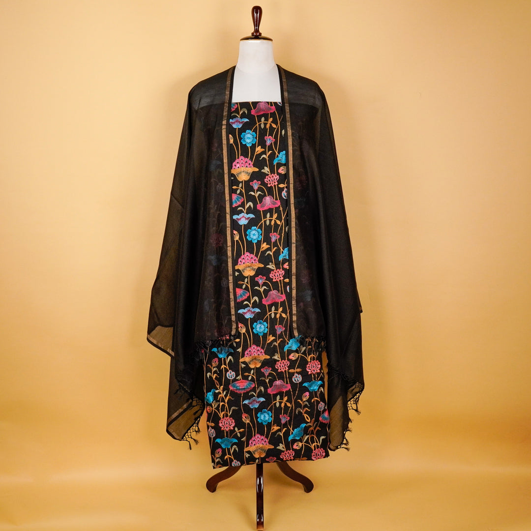 Fatima Jaal Suit fabric set on Semi Chanderi(Unstitched)-Black
