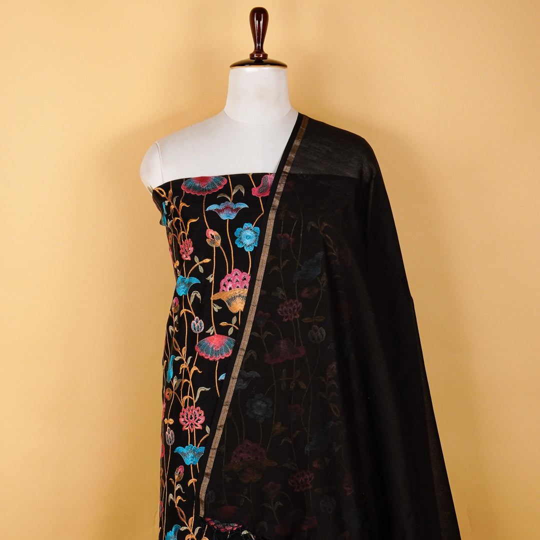 Fatima Jaal Suit fabric set on Semi Chanderi(Unstitched)-Black