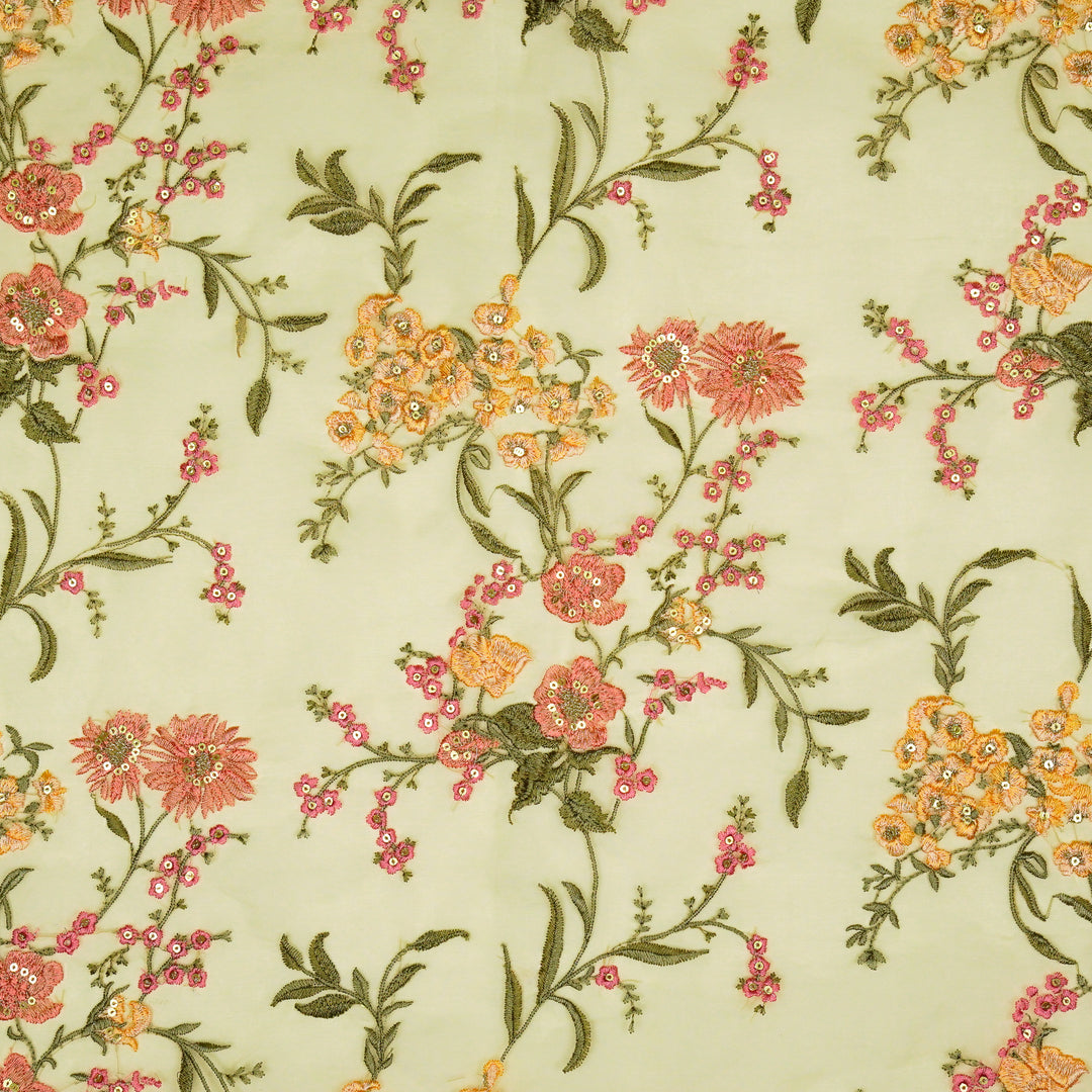 Riyad Jaal on Light Lemon Silk Organza Embroidered Fabric