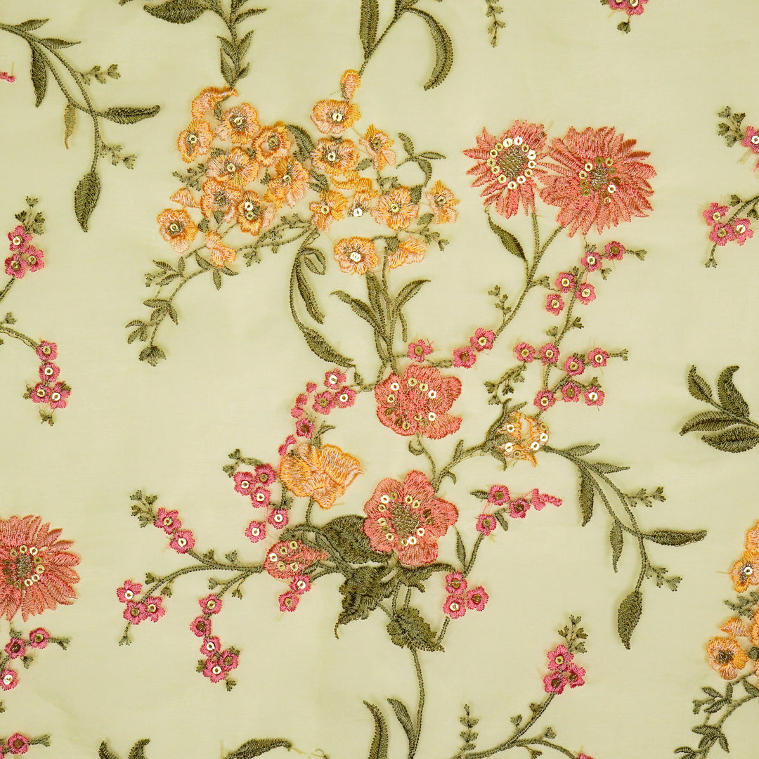 Riyad Jaal on Light Lemon Silk Organza Embroidered Fabric