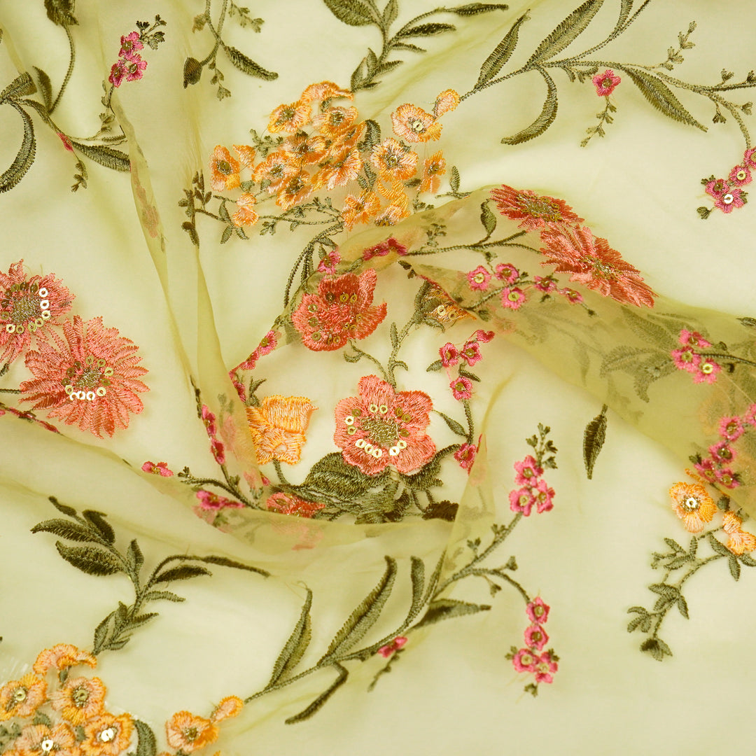 Riyad Jaal on Light Lemon Silk Organza Embroidered Fabric