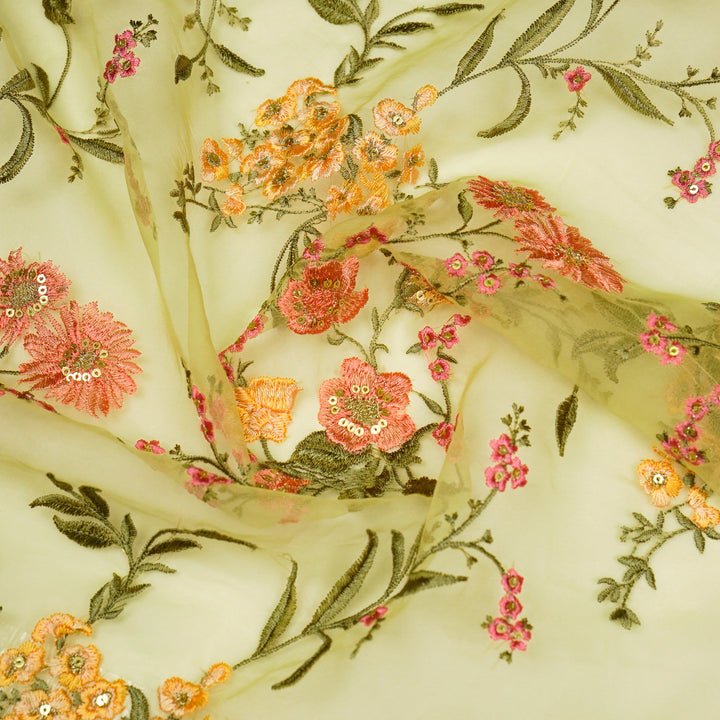 Riyad Jaal on Light Lemon Silk Organza Embroidered Fabric
