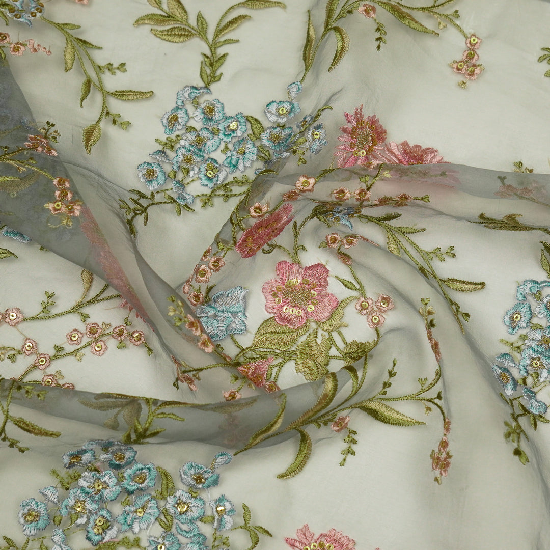 Riyad Jaal on Steel Grey Silk Organza Embroidered Fabric