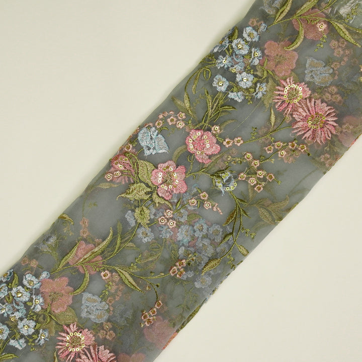 Riyad Jaal on Steel Grey Silk Organza Embroidered Fabric