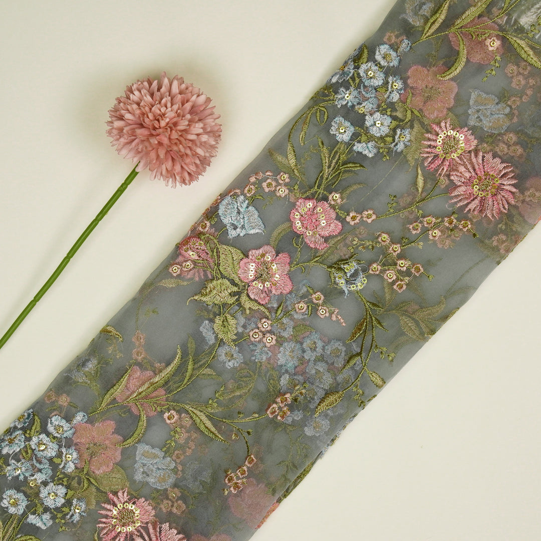 Riyad Jaal on Steel Grey Silk Organza Embroidered Fabric