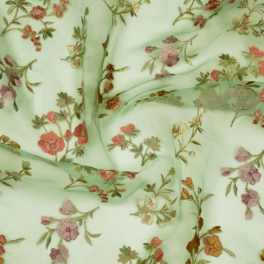 Basira Jaal on Aqua Green Silk Organza Embroidered Fabric