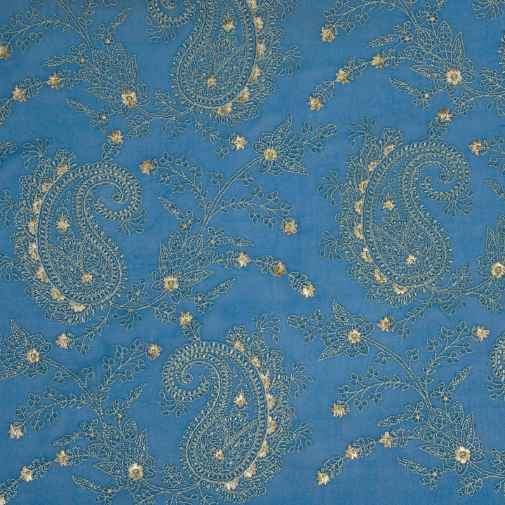 Afifa Jaal on Prussian Blue Semi Georgette Embroidered Fabric