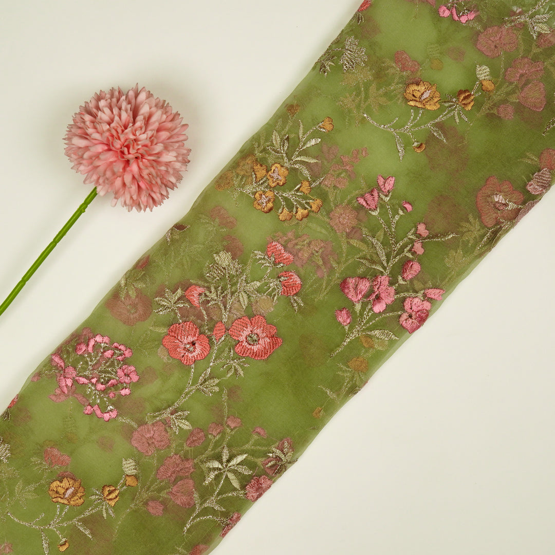 Basira Jaal on Olive Silk Organza Embroidered Fabric
