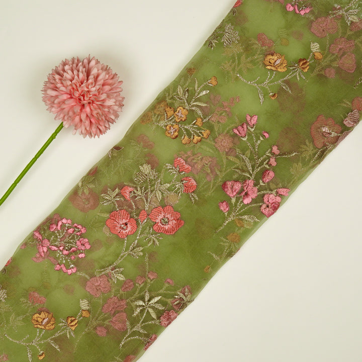 Basira Jaal on Olive Silk Organza Embroidered Fabric