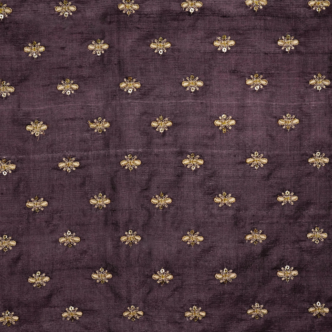 Bindra Buti On Aubergine Tussar Silk Embroidered Fabric