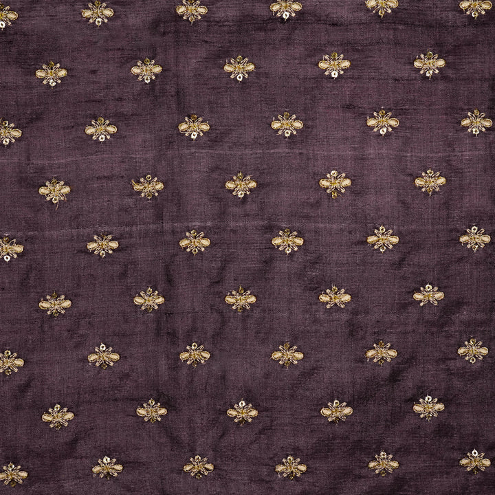 Bindra Buti On Aubergine Tussar Silk Embroidered Fabric