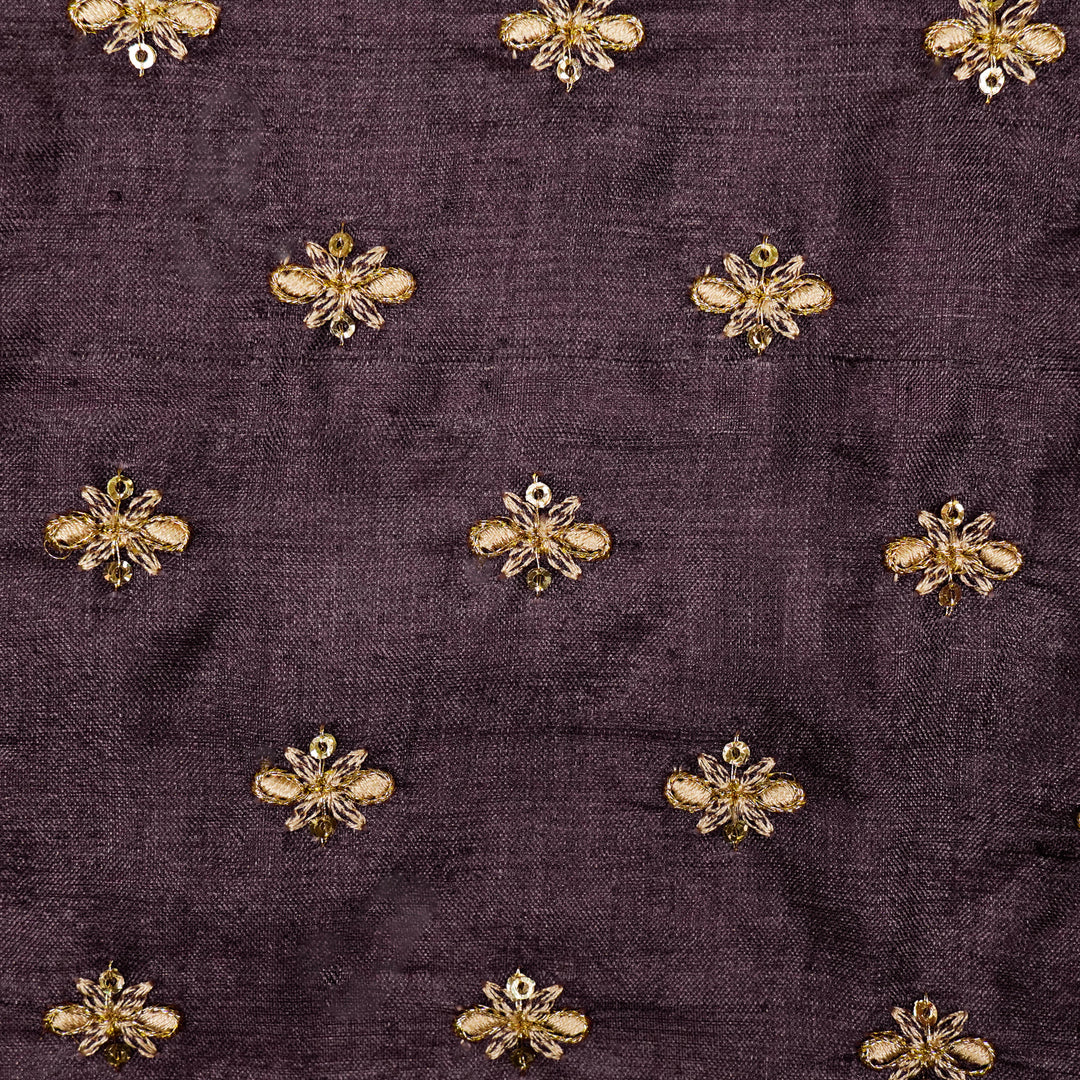 Bindra Buti On Aubergine Tussar Silk Embroidered Fabric
