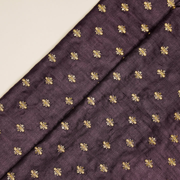 Bindra Buti On Aubergine Tussar Silk Embroidered Fabric