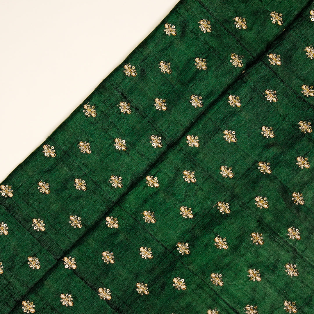 Bindra Buti On Bottole Green Tussar Silk Embroidered Fabric