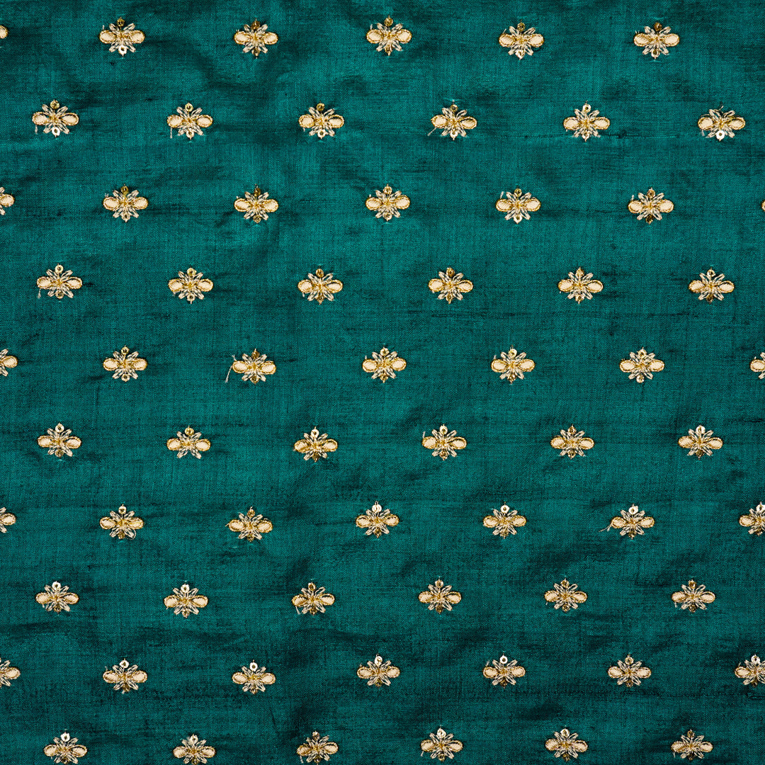 Bindra Buti On Teal Blue Tussar Silk Embroidered Fabric