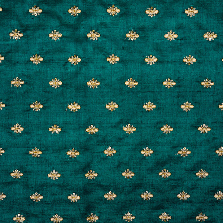 Bindra Buti On Teal Blue Tussar Silk Embroidered Fabric