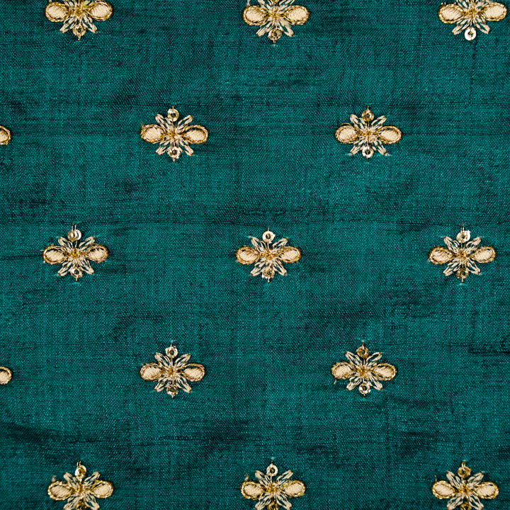 Bindra Buti On Teal Blue Tussar Silk Embroidered Fabric