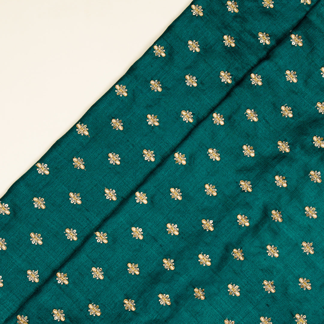 Bindra Buti On Teal Blue Tussar Silk Embroidered Fabric