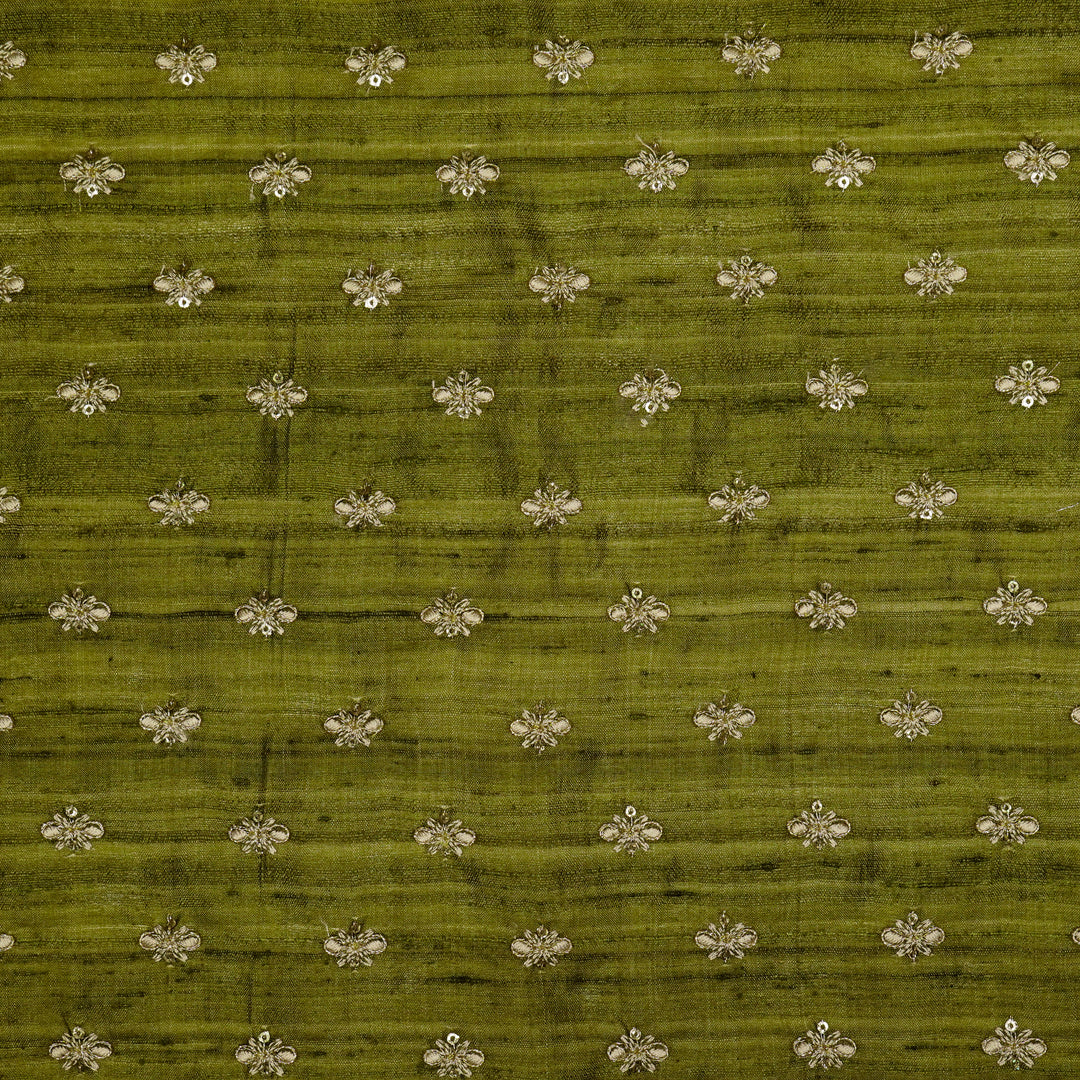 Bindra Buti On Olive Tussar Silk Embroidered Fabric