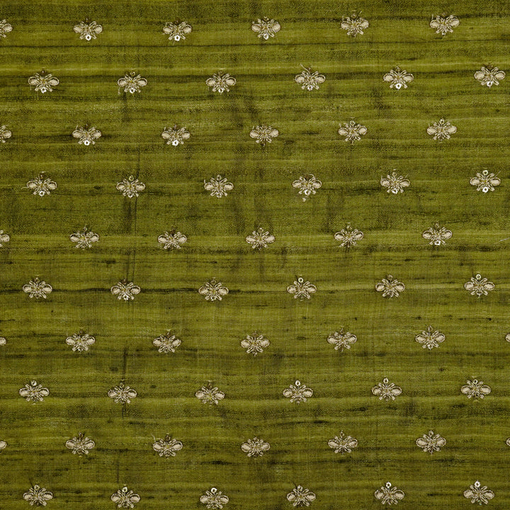 Bindra Buti On Olive Tussar Silk Embroidered Fabric