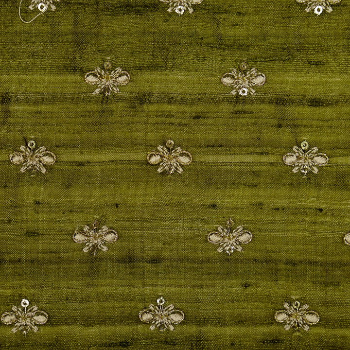 Bindra Buti On Olive Tussar Silk Embroidered Fabric