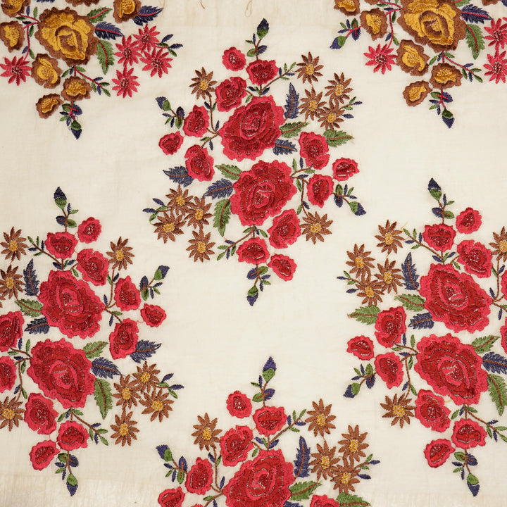 Vasanti Buta on Natural Red Semi Chanderi Embroidered Fabric