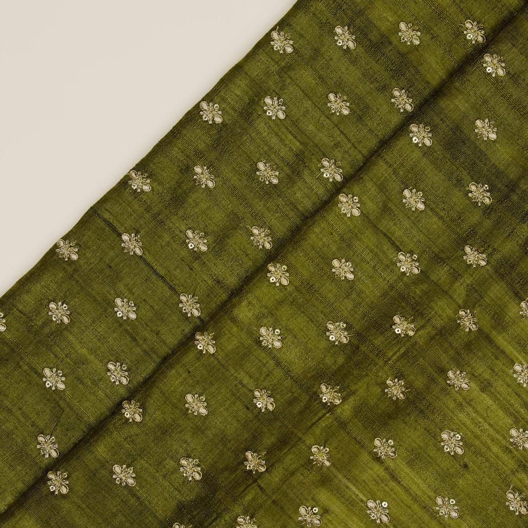 Bindra Buti On Olive Tussar Silk Embroidered Fabric