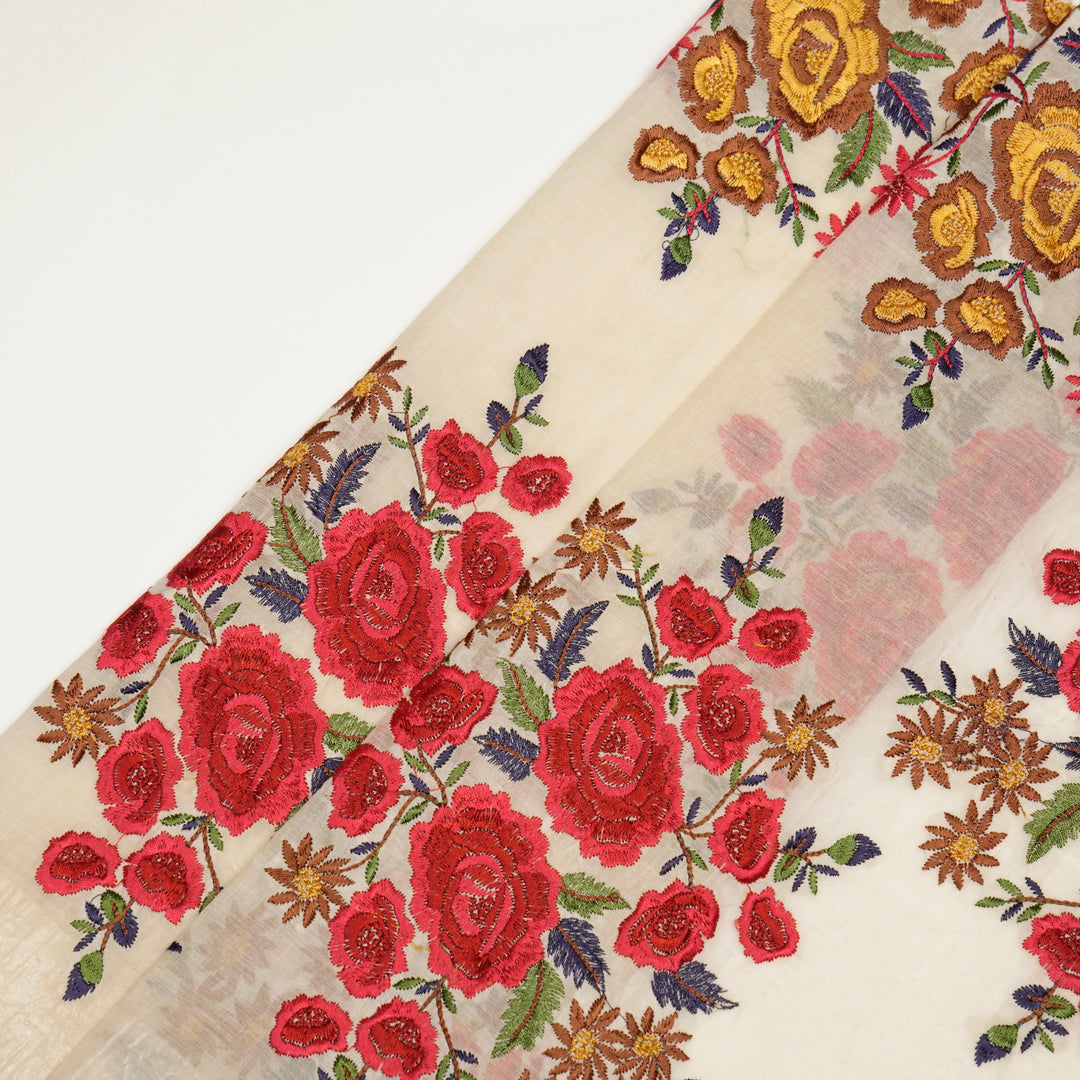 Vasanti Buta on Natural Red Semi Chanderi Embroidered Fabric