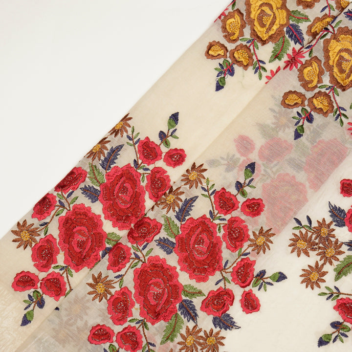 Vasanti Buta on Natural Red Semi Chanderi Embroidered Fabric