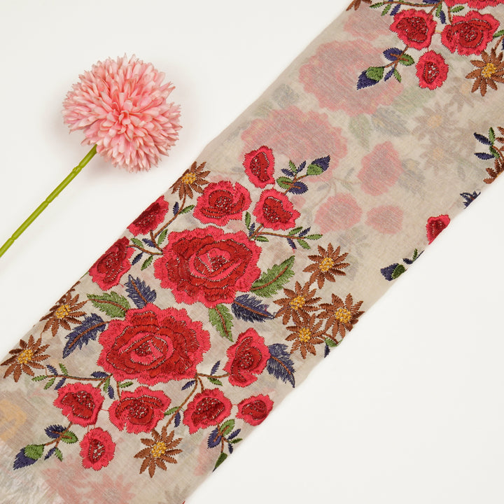 Vasanti Buta on Natural Red Semi Chanderi Embroidered Fabric