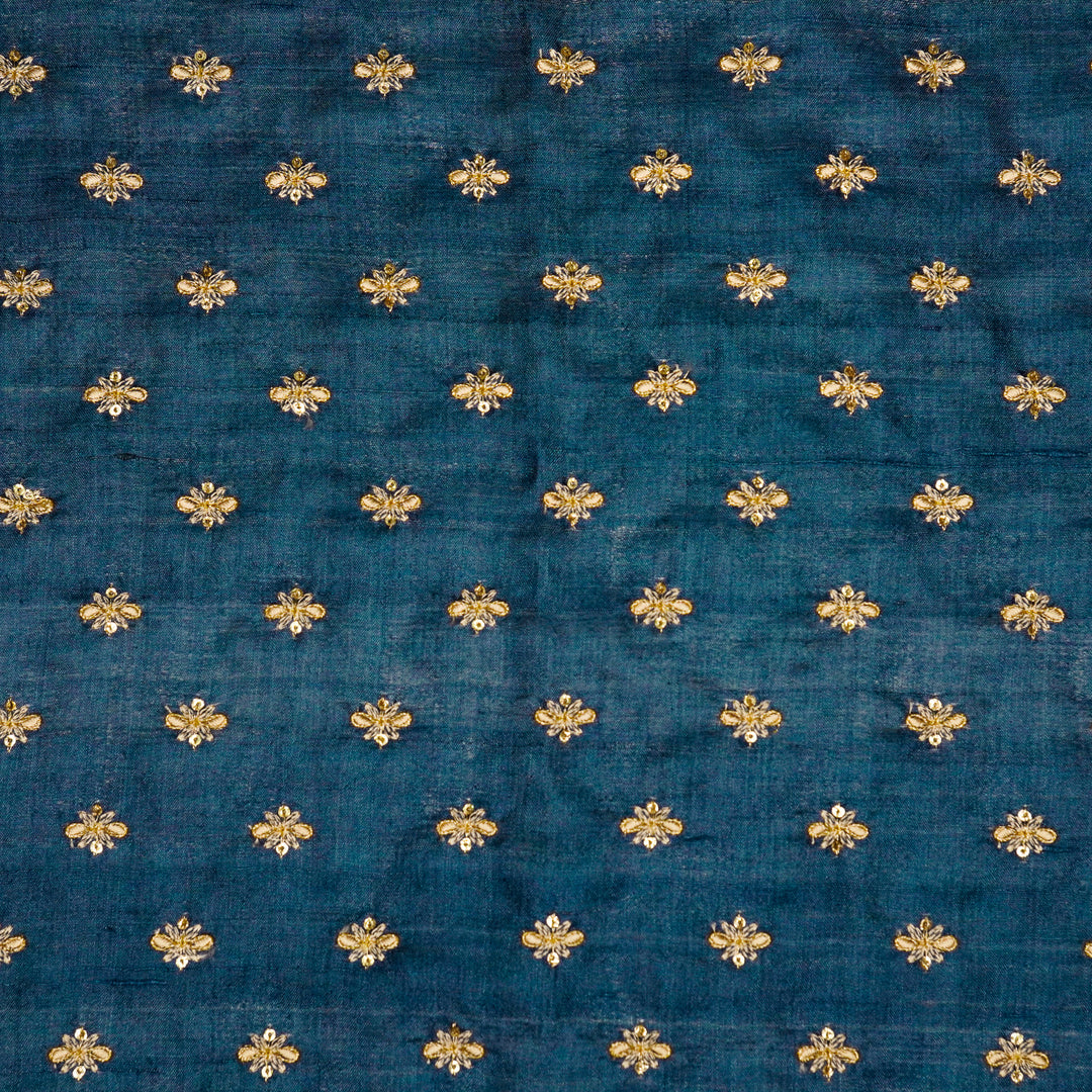Bindra Buti On Prussian Blue Tussar Silk Embroidered Fabric