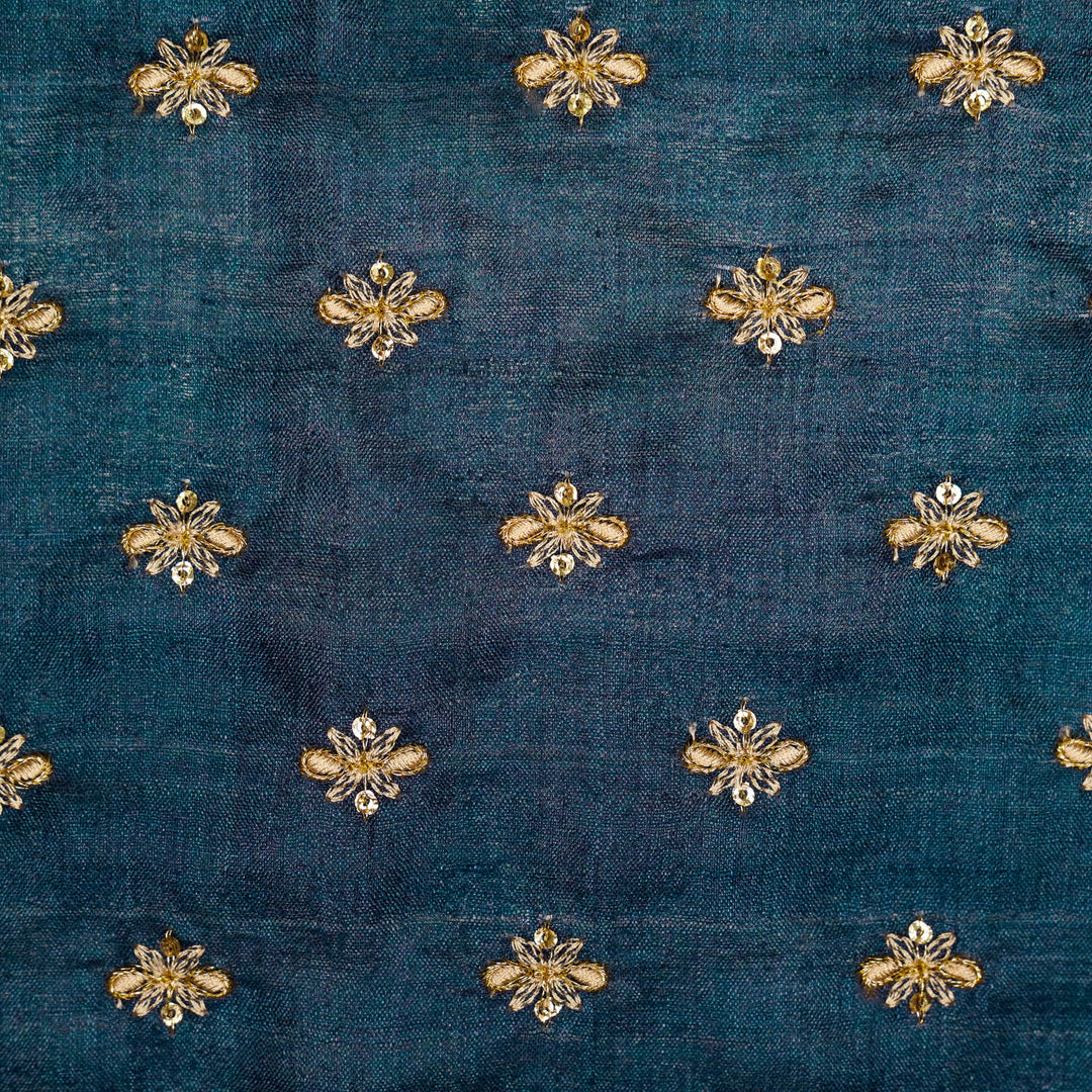 Bindra Buti On Prussian Blue Tussar Silk Embroidered Fabric