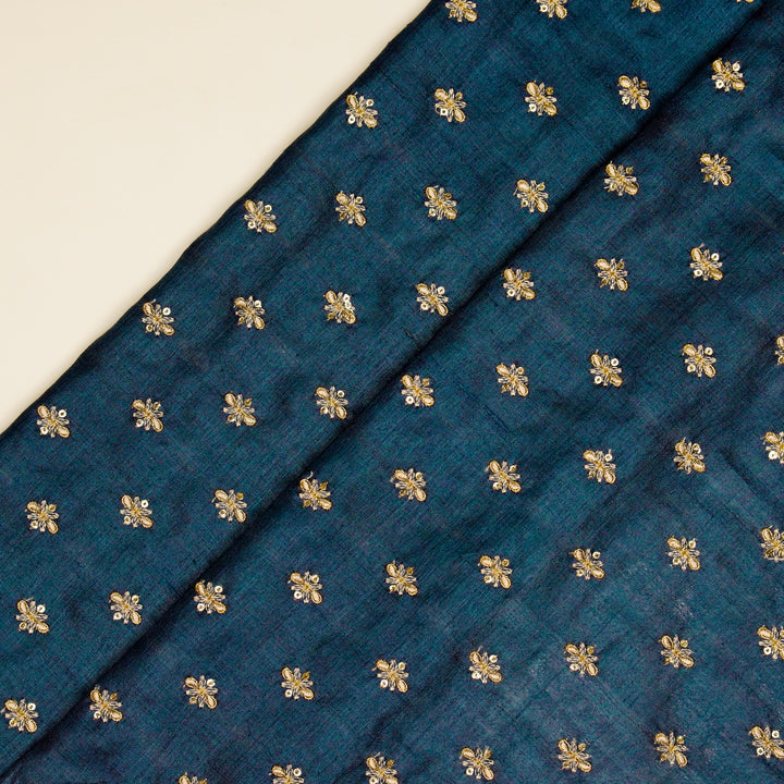 Bindra Buti On Prussian Blue Tussar Silk Embroidered Fabric